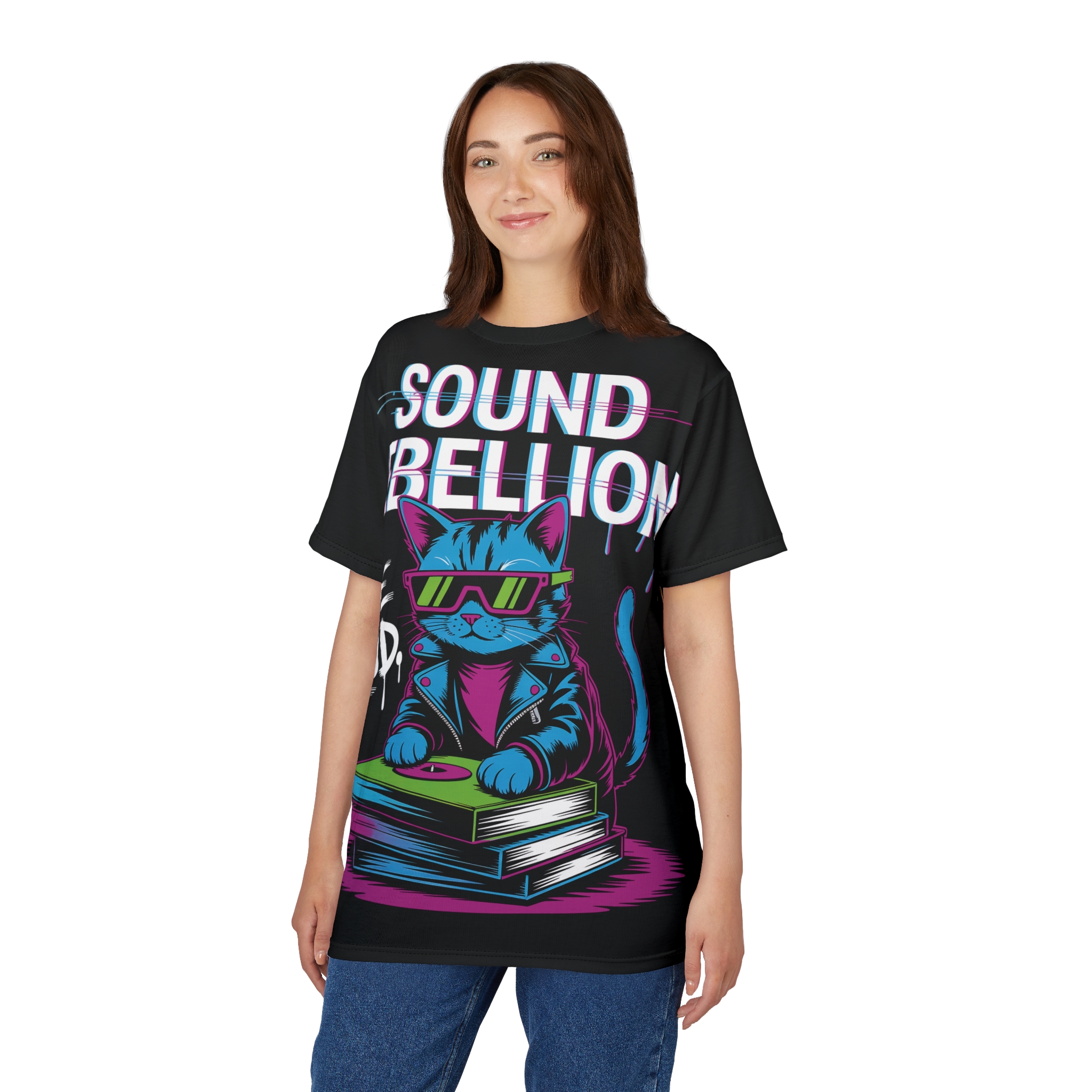 Bold white and neon pink letters spelling "SOUND REBELLION" over a blue cat wearing sunglasses and a leather jacket, standing on books.