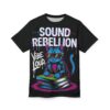 Vibrant pinks, blues, and greens cover this graphic streetwear tee, showcasing a cool cat with sunglasses and a jacket on a stack of books playing a record.