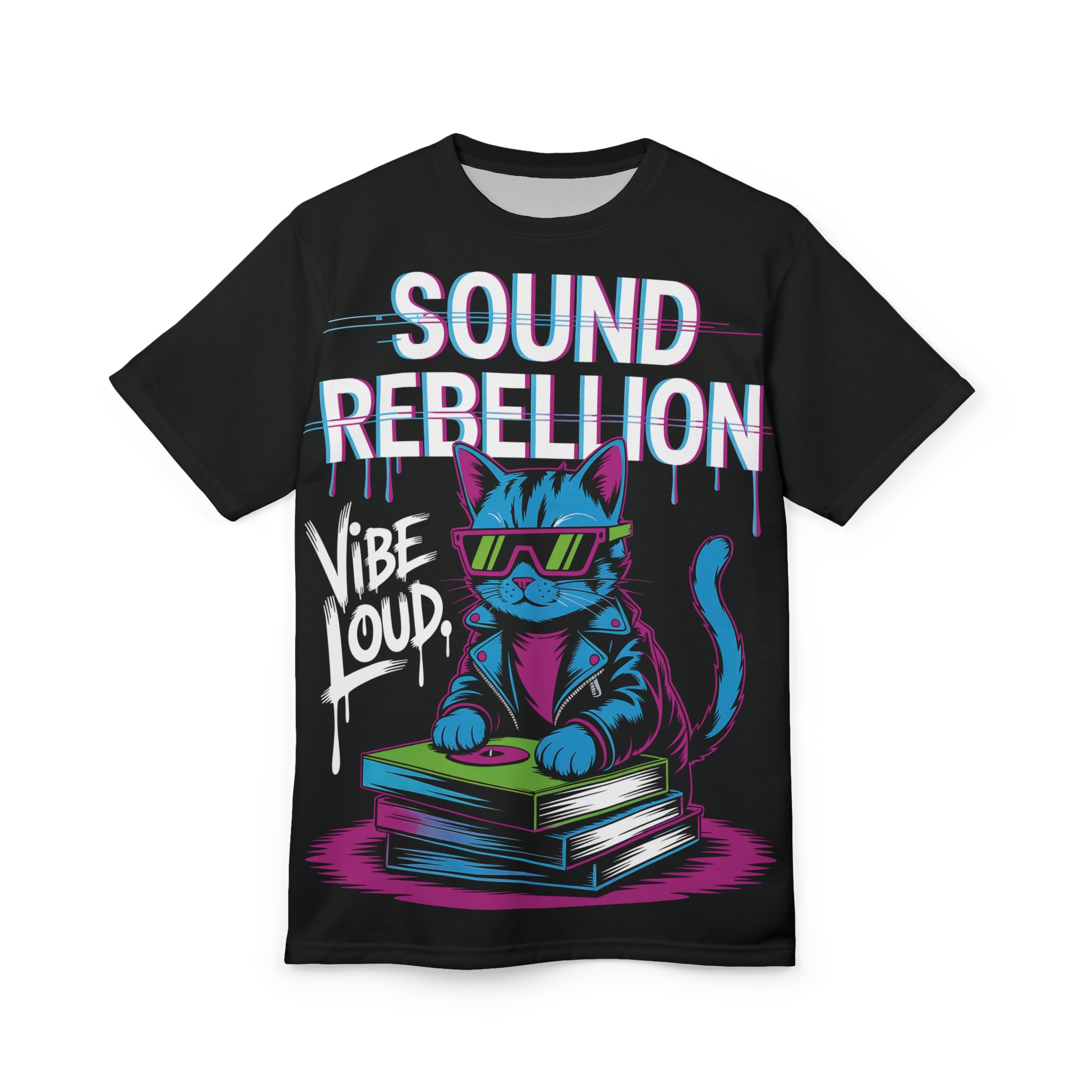 Vibrant pinks, blues, and greens cover this graphic streetwear tee, showcasing a cool cat with sunglasses and a jacket on a stack of books playing a record.