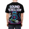 Neon pink and blue with white accents cover this graphic streetwear tee, depicting a cool cat DJ with sunglasses on a stack of books.