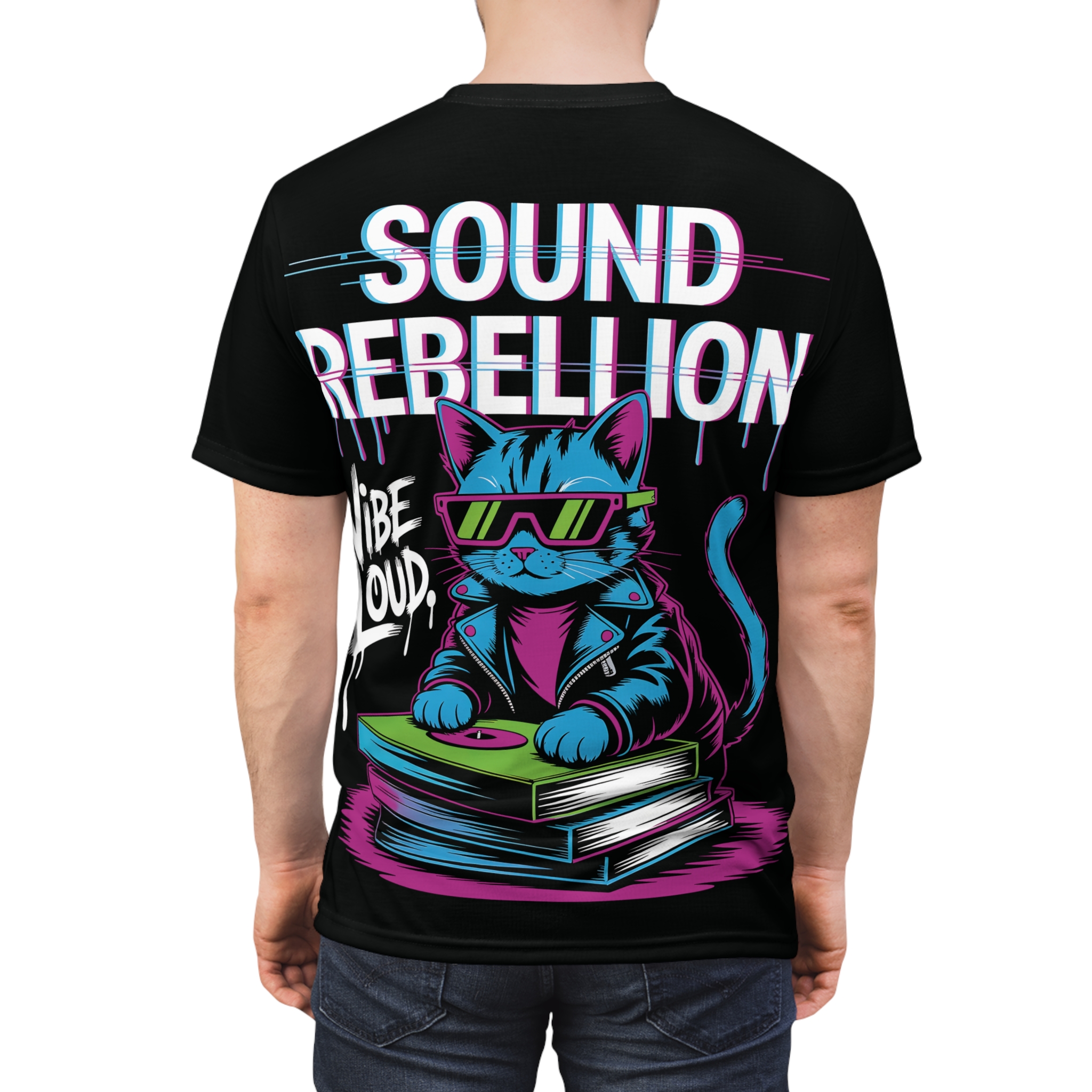 Neon pink and blue with white accents cover this graphic streetwear tee, depicting a cool cat DJ with sunglasses on a stack of books.
