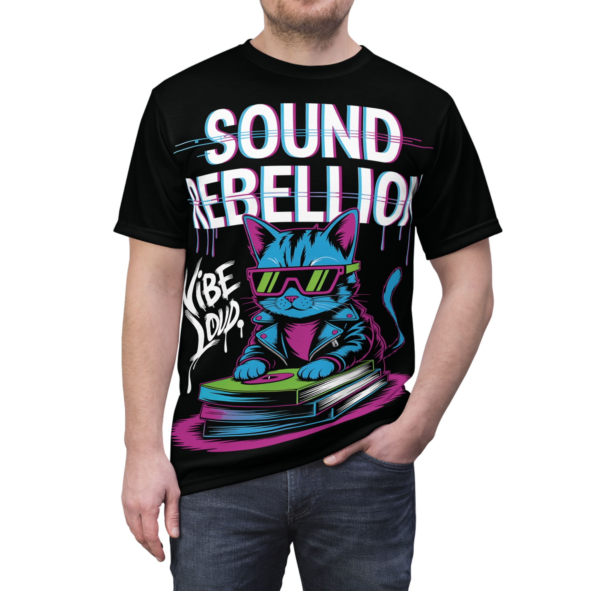 Blue and pink neon drips and glitch text cover this oversized full print tee, depicting a cool cat DJing on vinyl records.