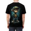 A cartoon monkey in a baseball cap and jacket, with graffiti-like teal and black background elements, cover this full print shirt.