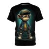 A cartoon monkey in a cap and jacket with a gold chain stands against a brick wall, covering this patterned tee shirt.