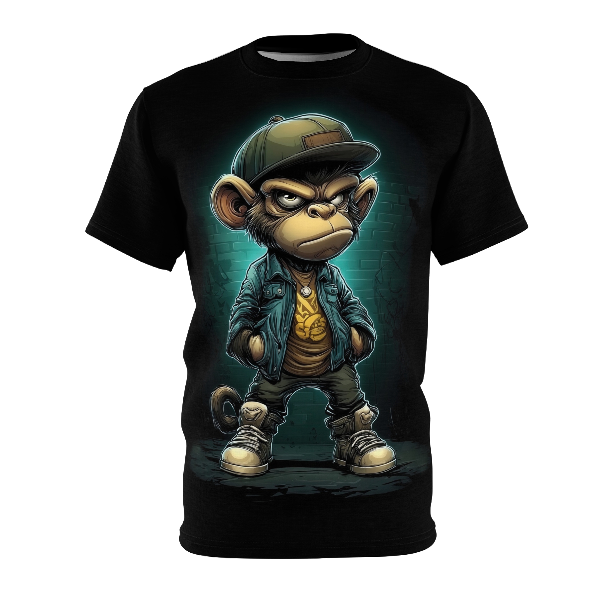 A cartoon monkey in a cap and jacket with a gold chain stands against a brick wall, covering this patterned tee shirt.