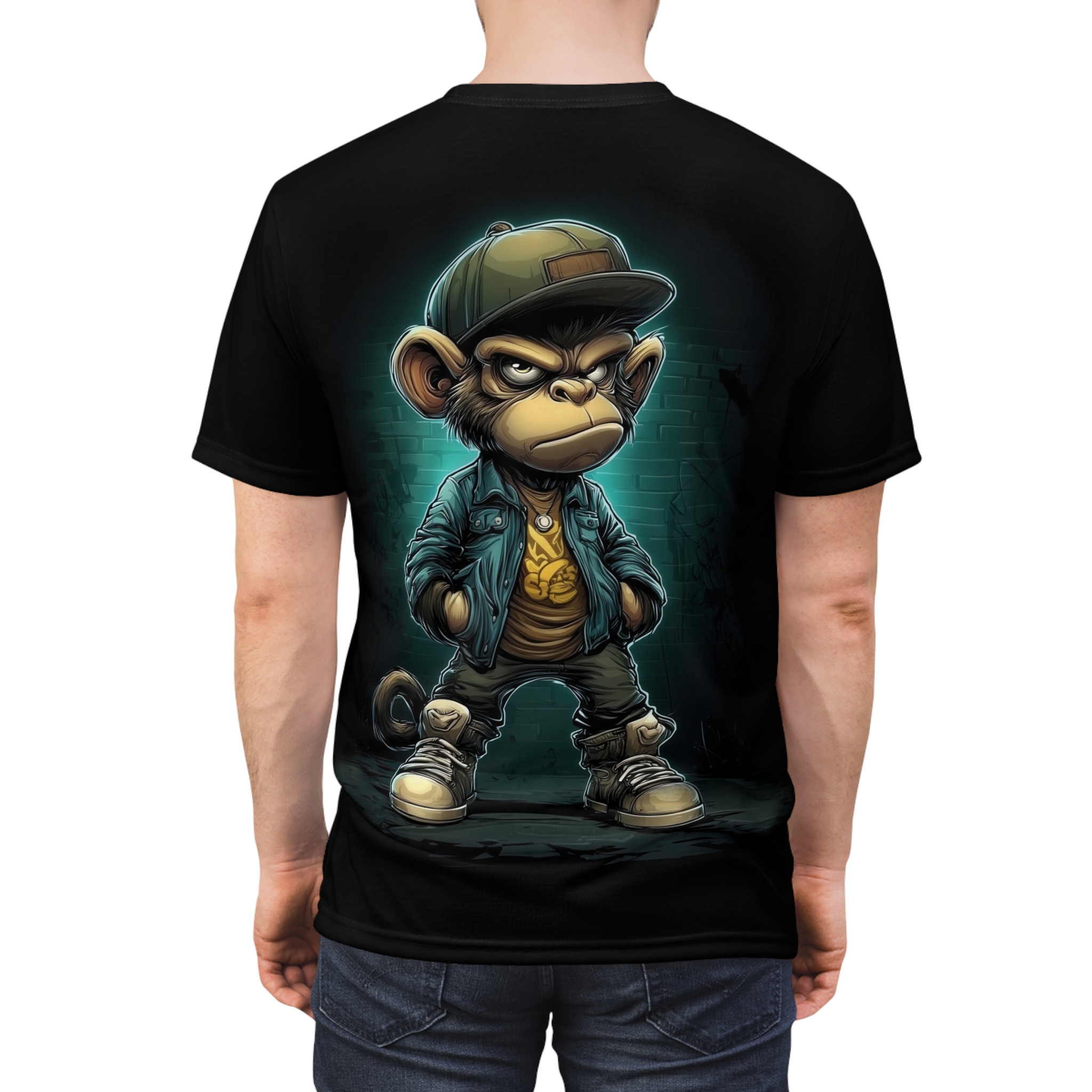 Grimy brick patterns and dark shadowy figures cover this graphic streetwear tee, a cool cartoon monkey in a cap and jacket stands with its hands in pockets.