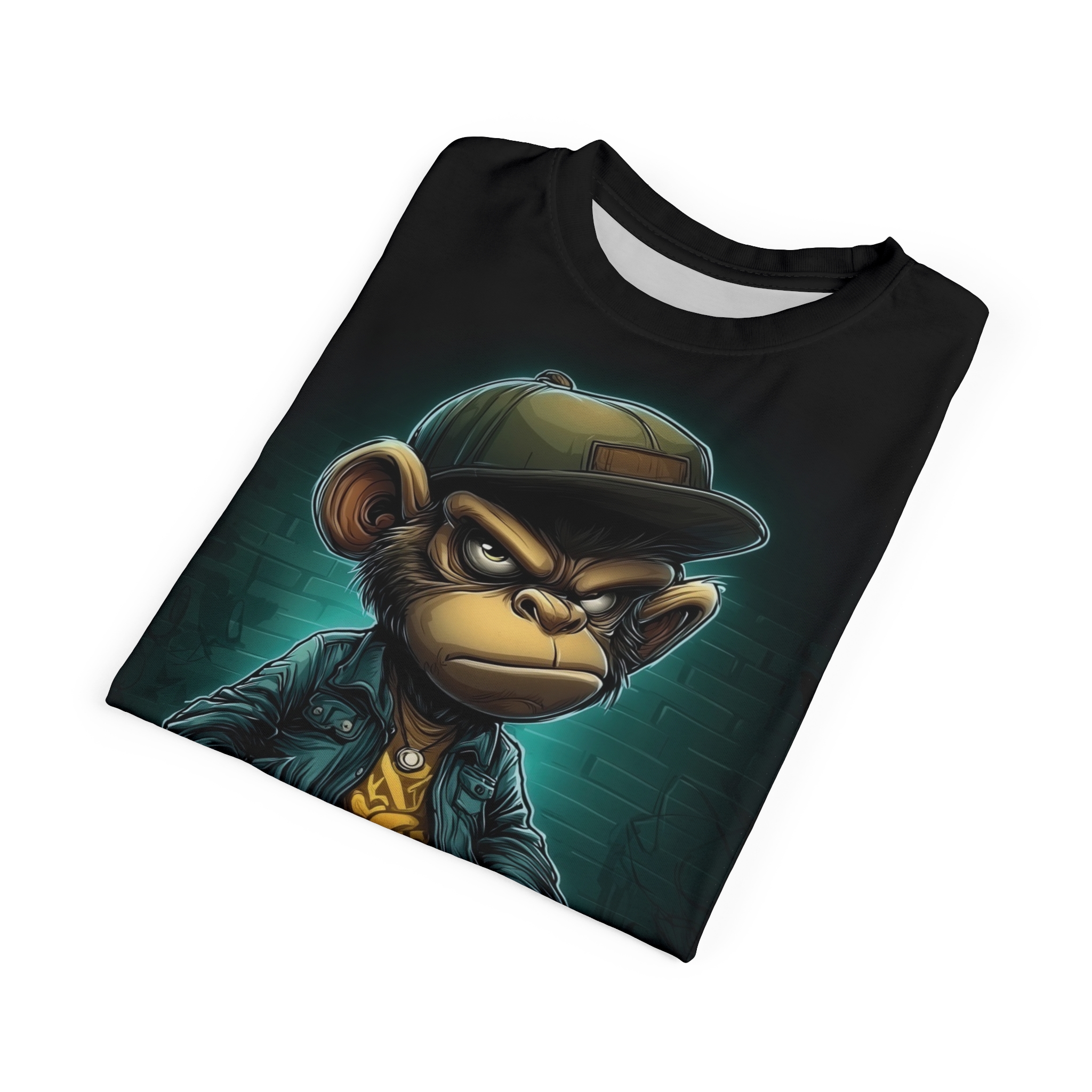 A cool monkey wearing a green cap and denim jacket covers this sublimation graphic tee, with a teal brick background.