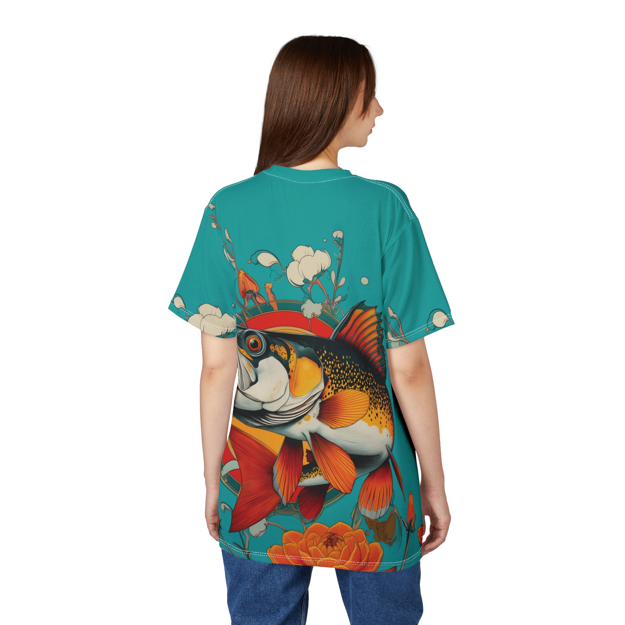 Vibrant orange and red fish with detailed scales, white flowers, and orange blossoms cover this graphic streetwear tee with a bold all-over print.