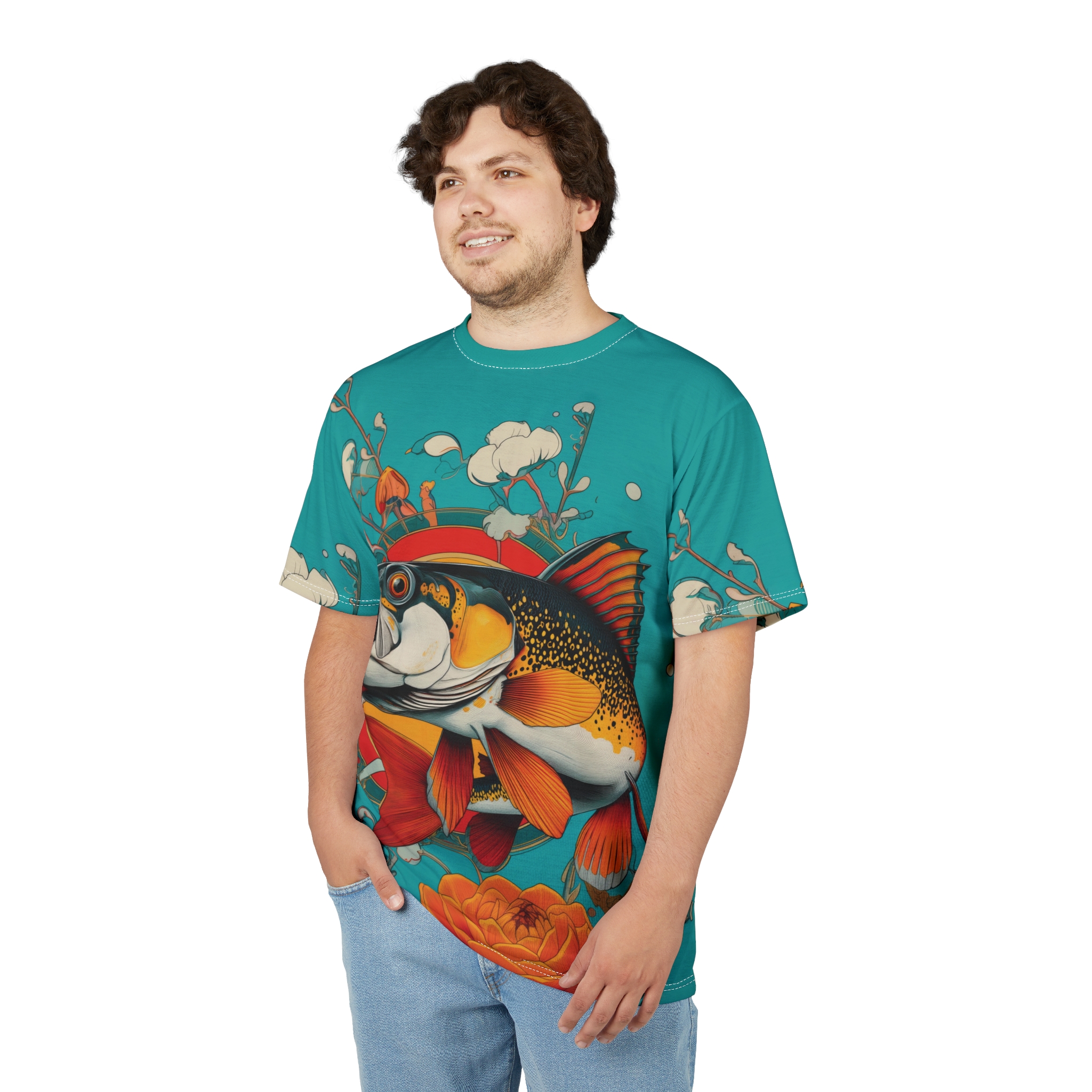 Vibrant teal with a large trout, orange flowers, and stylized clouds cover this patterned tee shirt, ready for casual wear.