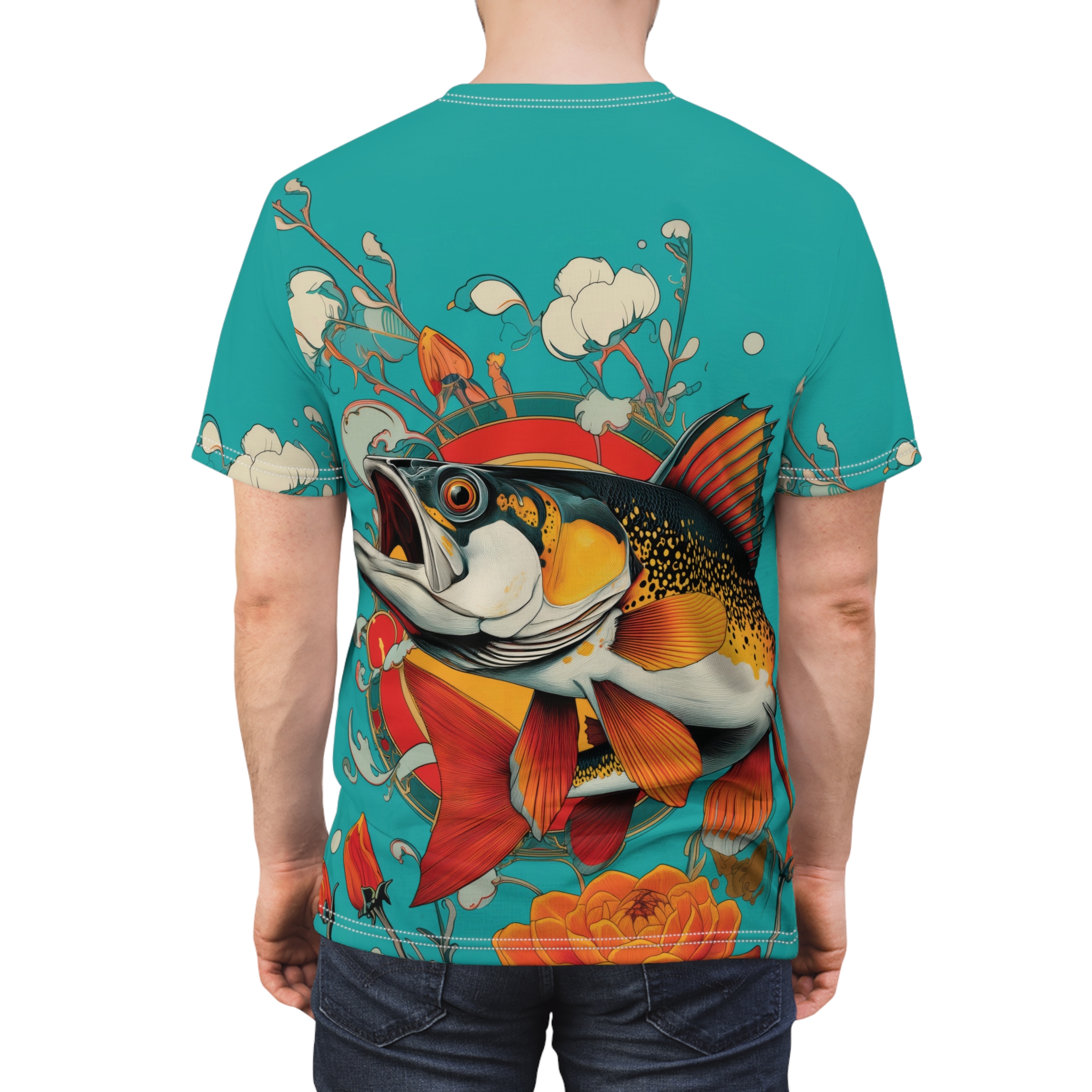 Vibrant fish, orange flowers, and swirling water patterns cover this all over print t-shirt with a bold, aquatic theme.