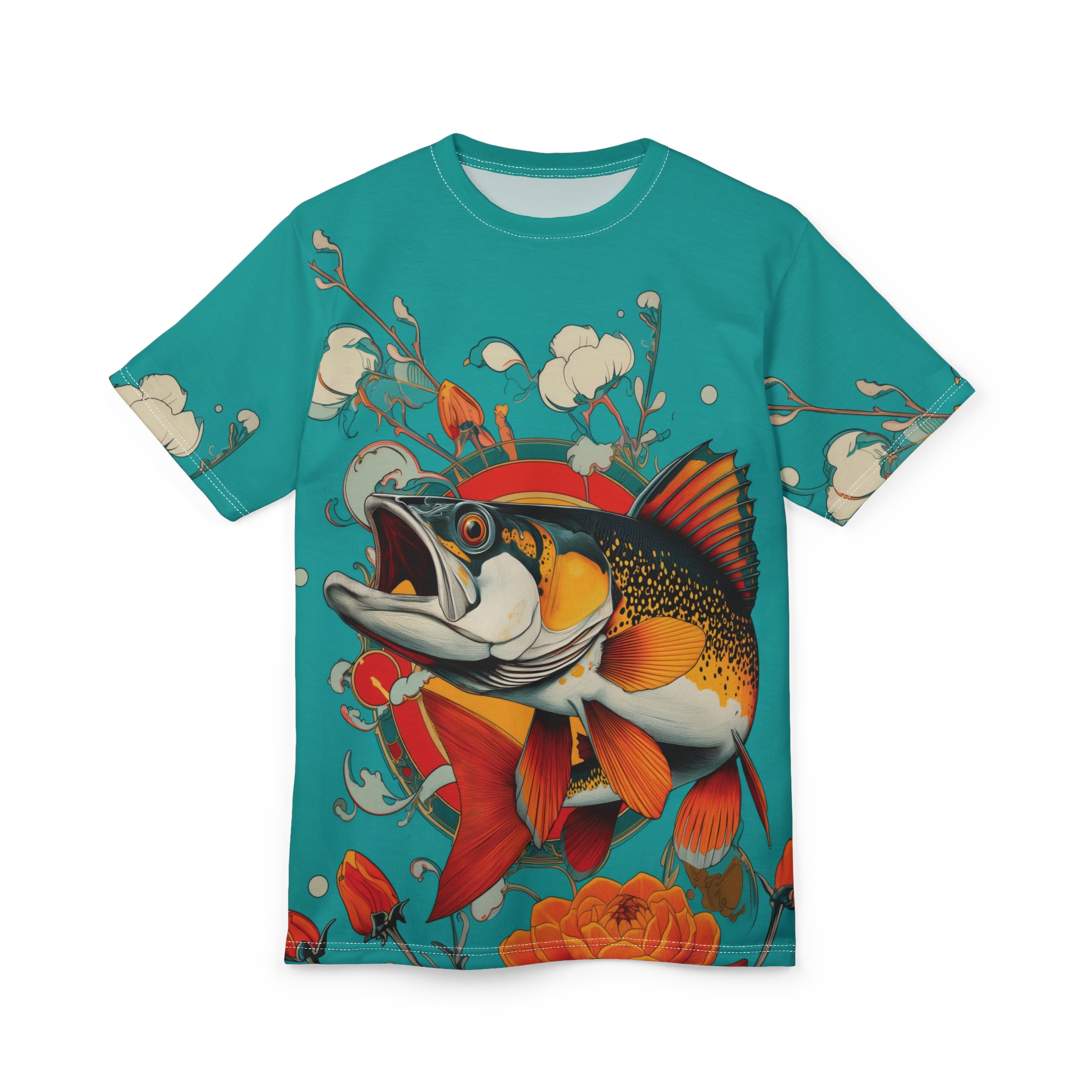 Teal fabric with a large, open-mouthed fish in vibrant orange, yellow, and black with floral accents.