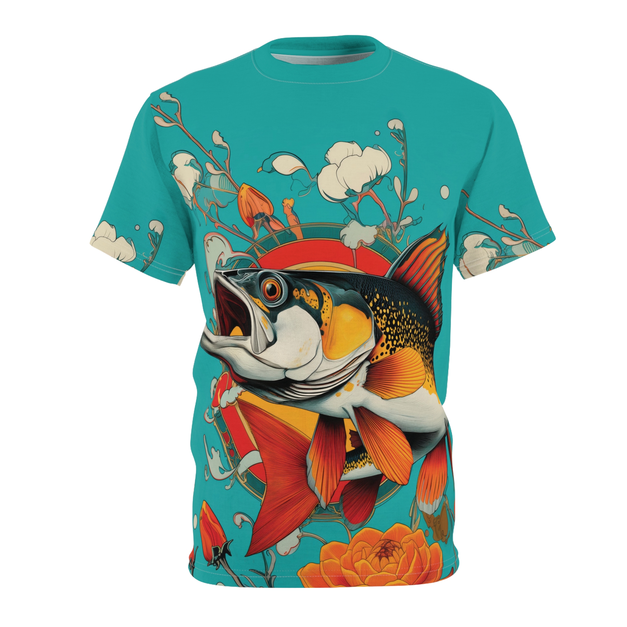 Vibrant teal fabric with a bold graphic of a fish, red and orange flowers, and stylized branches.