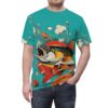 Vibrant fish with orange fins, yellow scales and blue accents, surrounded by stylized floral elements, cover this full print shirt with a bold statement.
