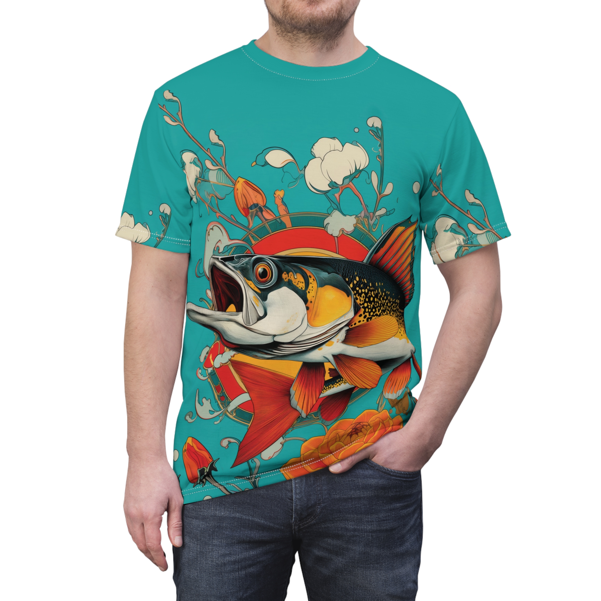 Vibrant fish with orange fins, yellow scales and blue accents, surrounded by stylized floral elements, cover this full print shirt with a bold statement.