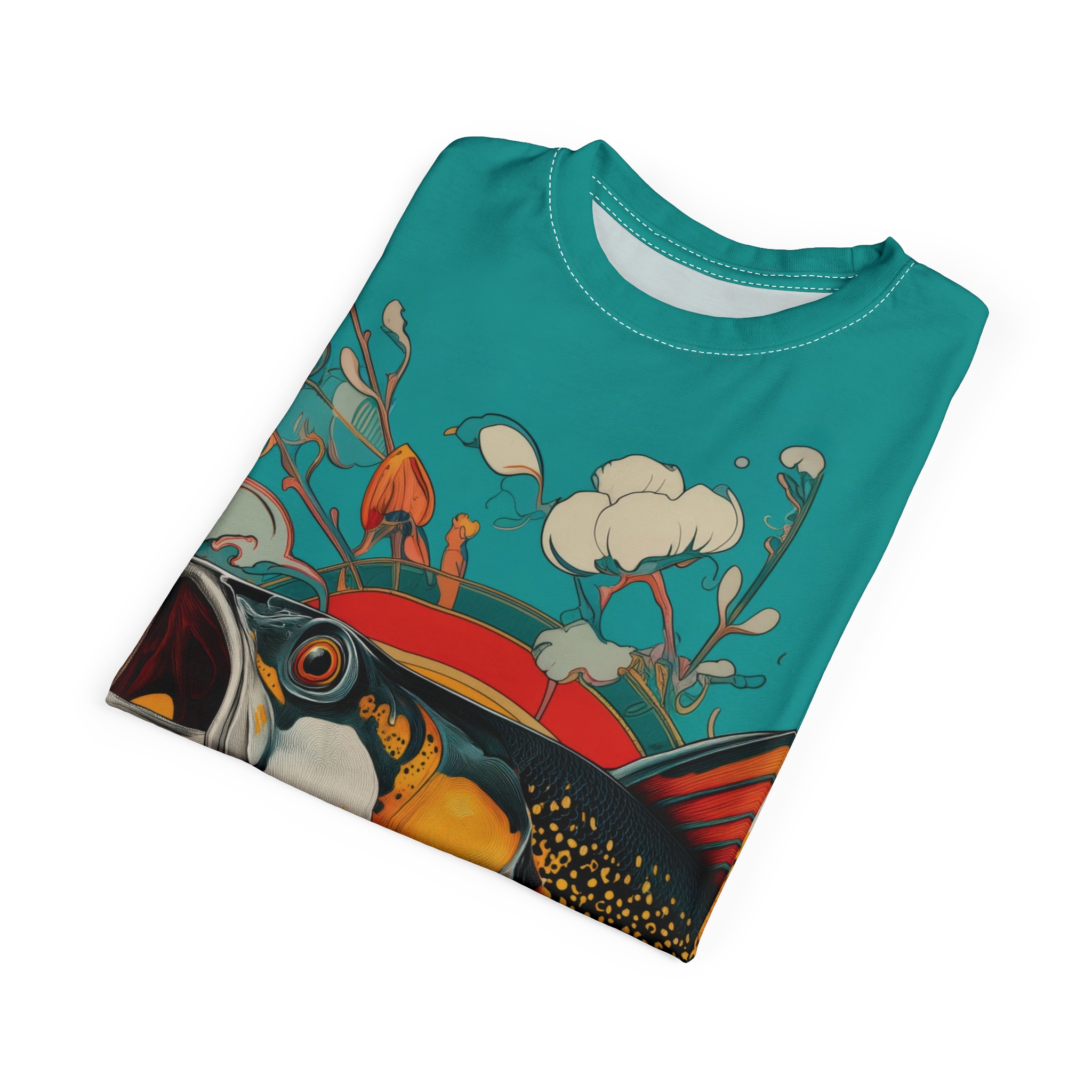 Teal background with a striking fish, red sun, and abstract flora fill this all over print tee.