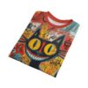 Vibrant graffiti-style brushstrokes in red, yellow, and teal cover this oversized full print tee, featuring a wild-eyed, grinning cat with black outlines.