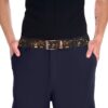 Vintage cat floral pattern printed belt with a metallic buckle set against dark blue pants.