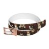 Vintage style belt featuring kittens and dark floral print with a copper buckle.
