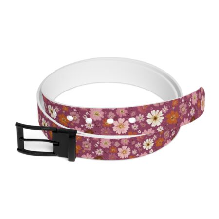 Dusty rose belt with a dense, all-over print of vintage-style flowers in pink, orange, and white.