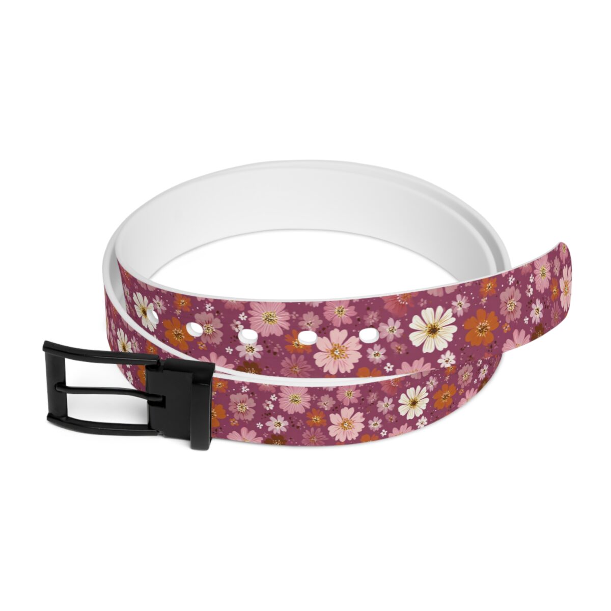 Dusty rose belt with a dense, all-over print of vintage-style flowers in pink, orange, and white.