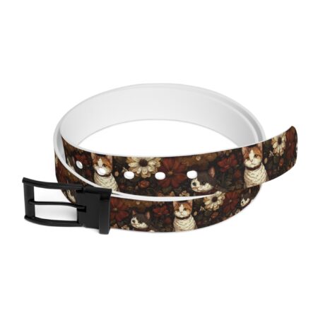 Vintage kitten and floral all over print belt with black buckle. Features kittens amidst dark, rich flowers.