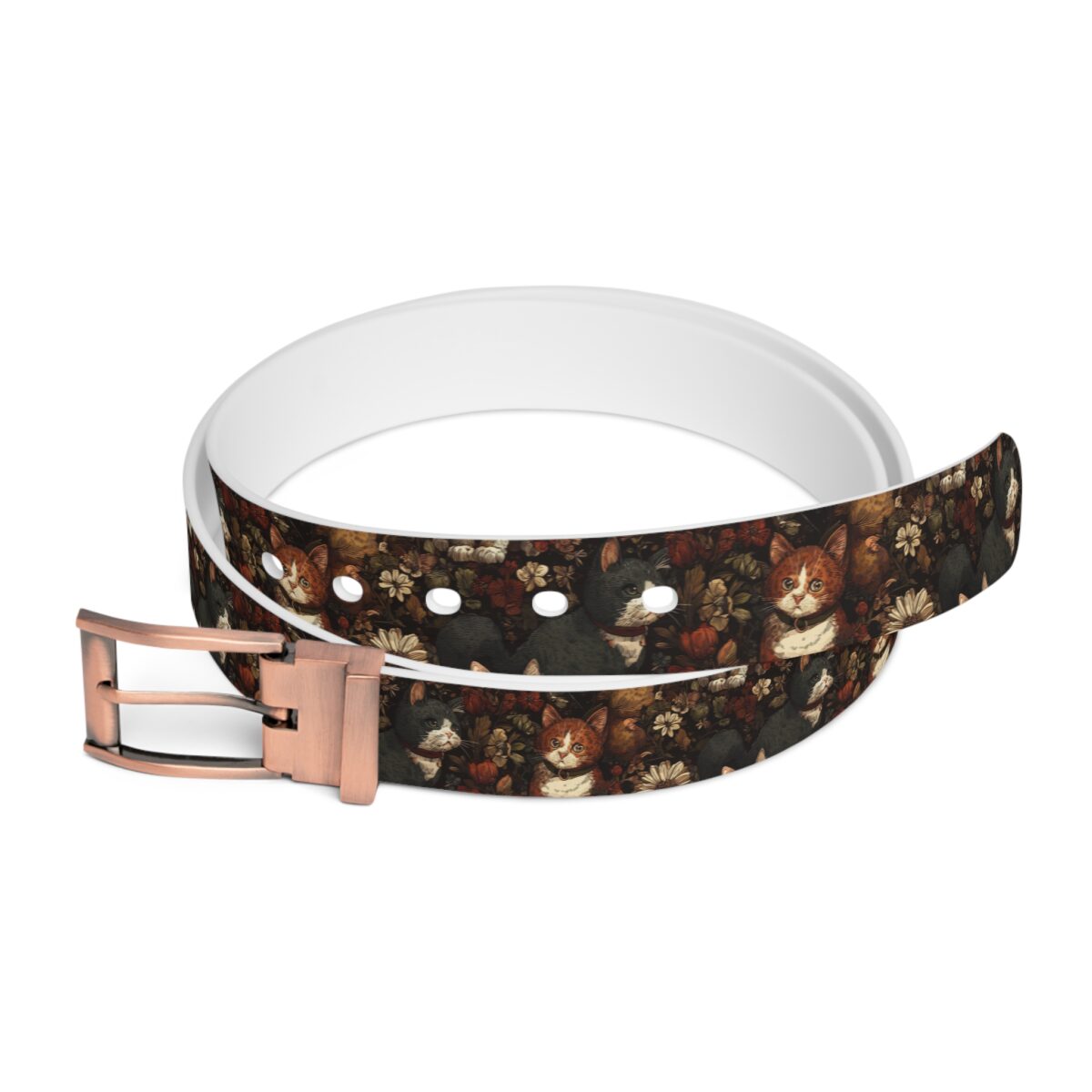 Vintage kitten and floral pattern belt with a copper buckle. Features detailed illustrations of cats and blooming flowers.