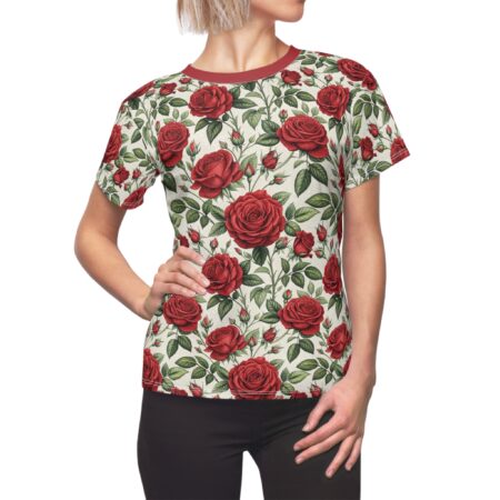 Vintage red rose floral print all over sublimation tee with a cream background and green leaves.