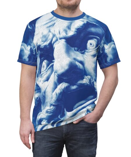 All-Over Print Tee — Dramatic Blue Sculpture Face Graphic Shirt