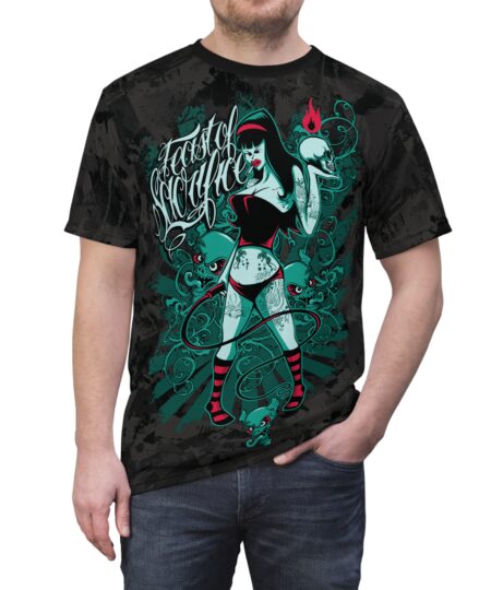 Gothic Pinup Witch Tee — 'Taste of Misrule' Graphic All-Over Print Shirt