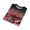 Red and white graphic elements, including halftone patterns and stylized lines, cover this graphic streetwear tee, depicting a cartoonish explosion and the word 