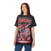 Black and red cartoon characters with big mouths and white teeth cover this oversized full print tee.