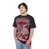 Black and red horror cartoon graphics cover this graphic streetwear tee with a loud scream.