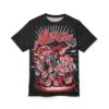 Red cartoon bowling pins with screaming faces and a bowling ball in motion cover this graphic streetwear tee with a distressed black background.