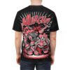 Red and white comic-style cartoon characters with screaming mouths cover this seamless pattern tee with a dark, textured background.