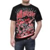 Black and red comic graphics cover this graphic streetwear tee with a wild, chaotic vibe.