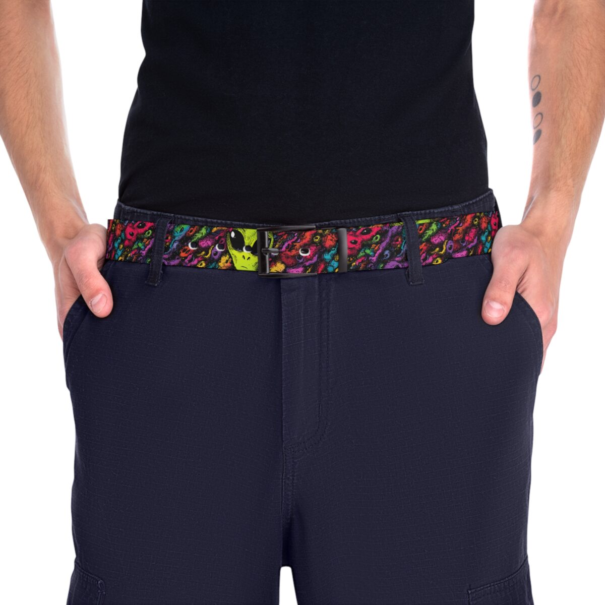 Vibrant all over print belt featuring trippy alien eyes and cosmic graphics, with a seamless wrap around sublimation design.