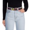 Colorful alien faces and abstract shapes all over print belt with a metal buckle.