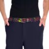 Vibrant all over print belt with alien graphic and colorful abstract pattern.