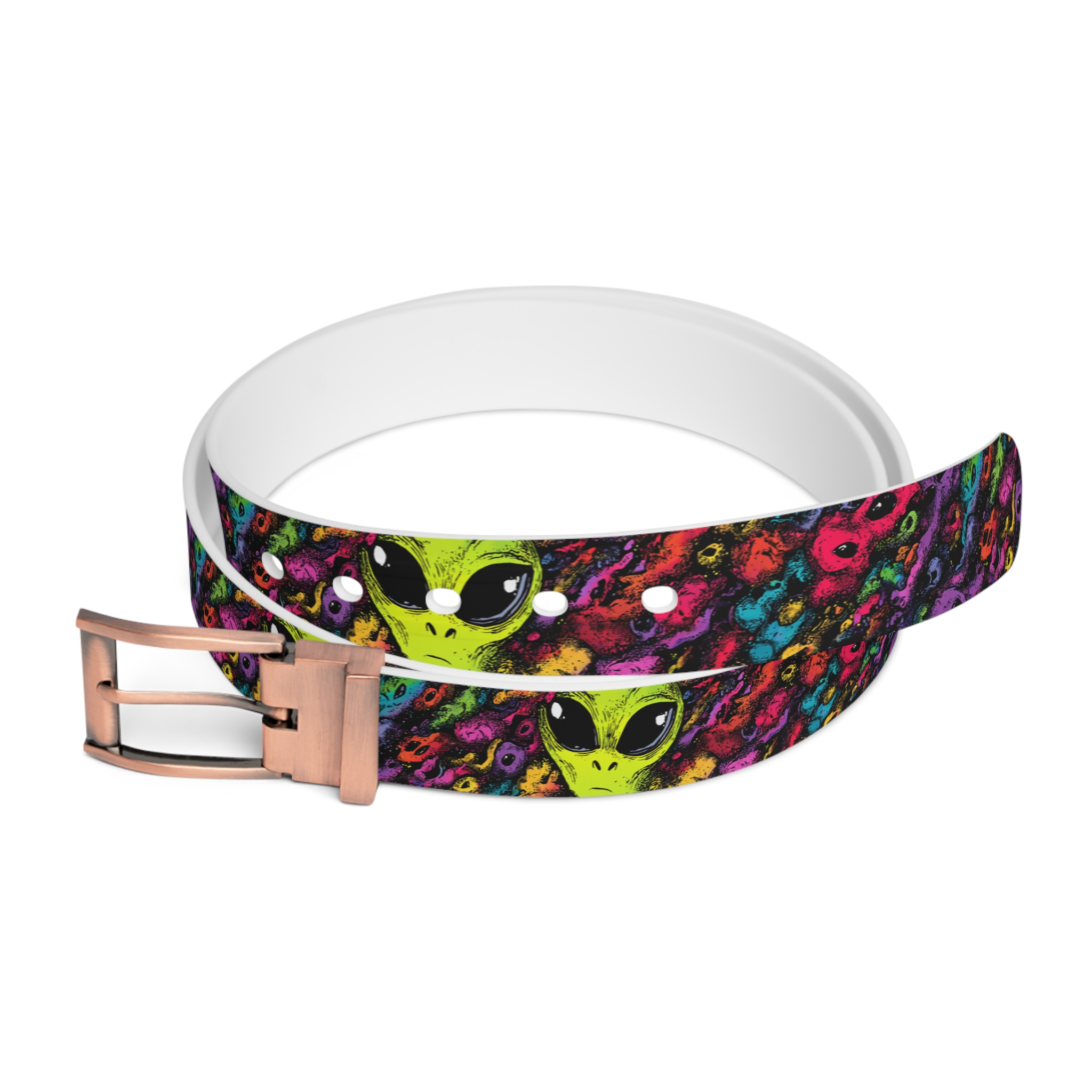 Vivid green aliens and colorful cosmic swirls feature in this 360 wrap-around design belt with a vibrant seamless print.