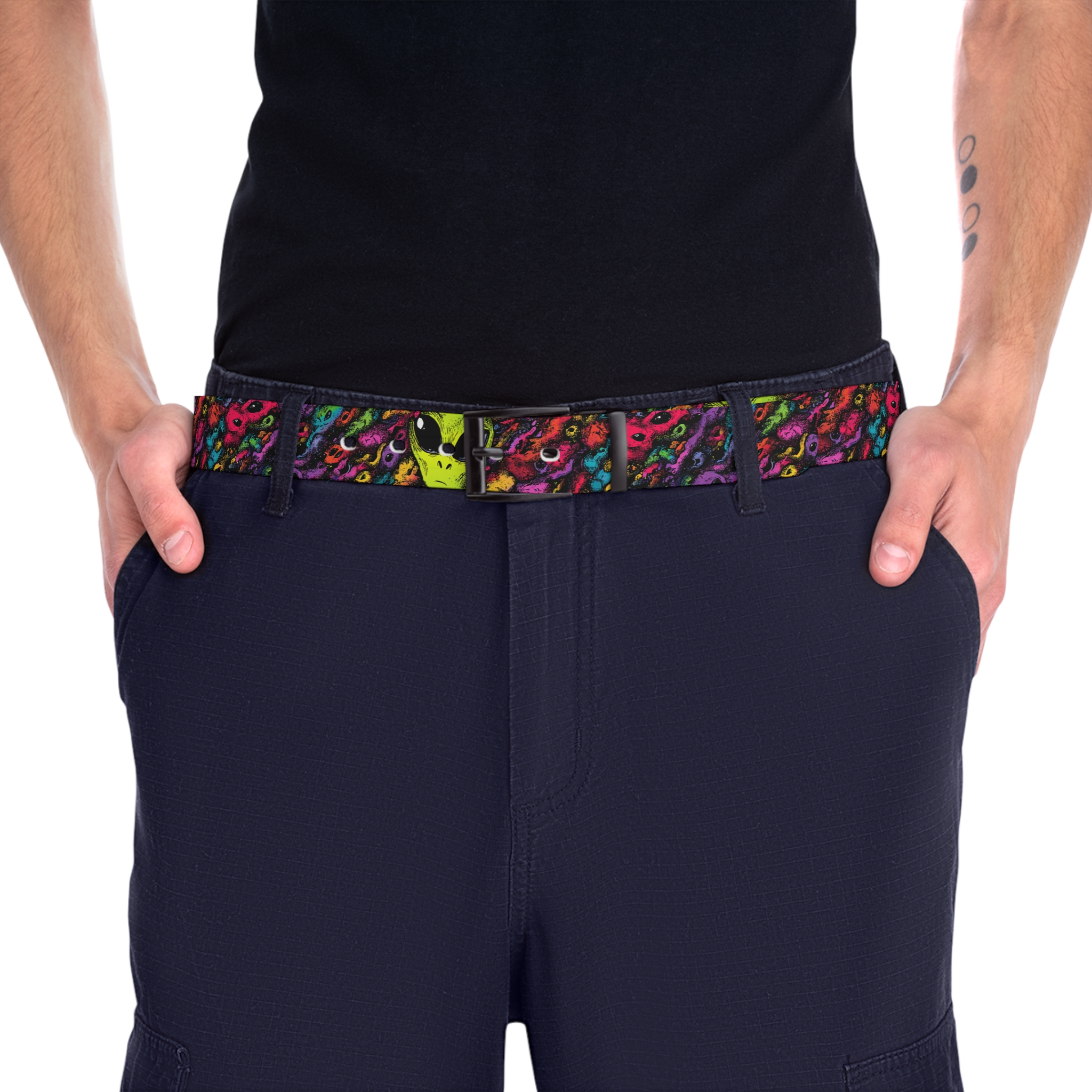Vivid alien faces and psychedelic colors adorn this **360 wrap-around design** belt, showcasing a **vibrant seamless print** for unique graphic apparel.