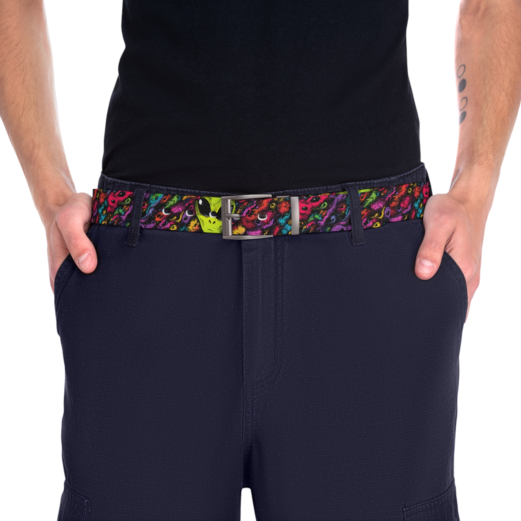 Vibrant all over print belt with alien graphic and colorful abstract pattern.