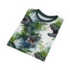 Watercolor T-rex heads roar across this 360-degree graphic tee, covering every inch of the fabric with vibrant green splashes and dinosaur action.