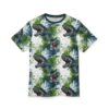 Watercolor dinosaurs in shades of green and blue, with splashes of white and green, cover this full print shirt, depicting roaring heads and textured backgrounds.