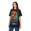 A cartoon monkey in an orange cap, green jacket, and purple pants covers this seamless pattern tee with a street-ready attitude.