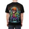 Brown textures and a glowing blue outline surround this sublimation graphic tee featuring an angry monkey in street clothes.