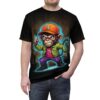 Brown textured background, neon blue glow, and a cartoon monkey in an orange cap cover this full print shirt with a street vibe.