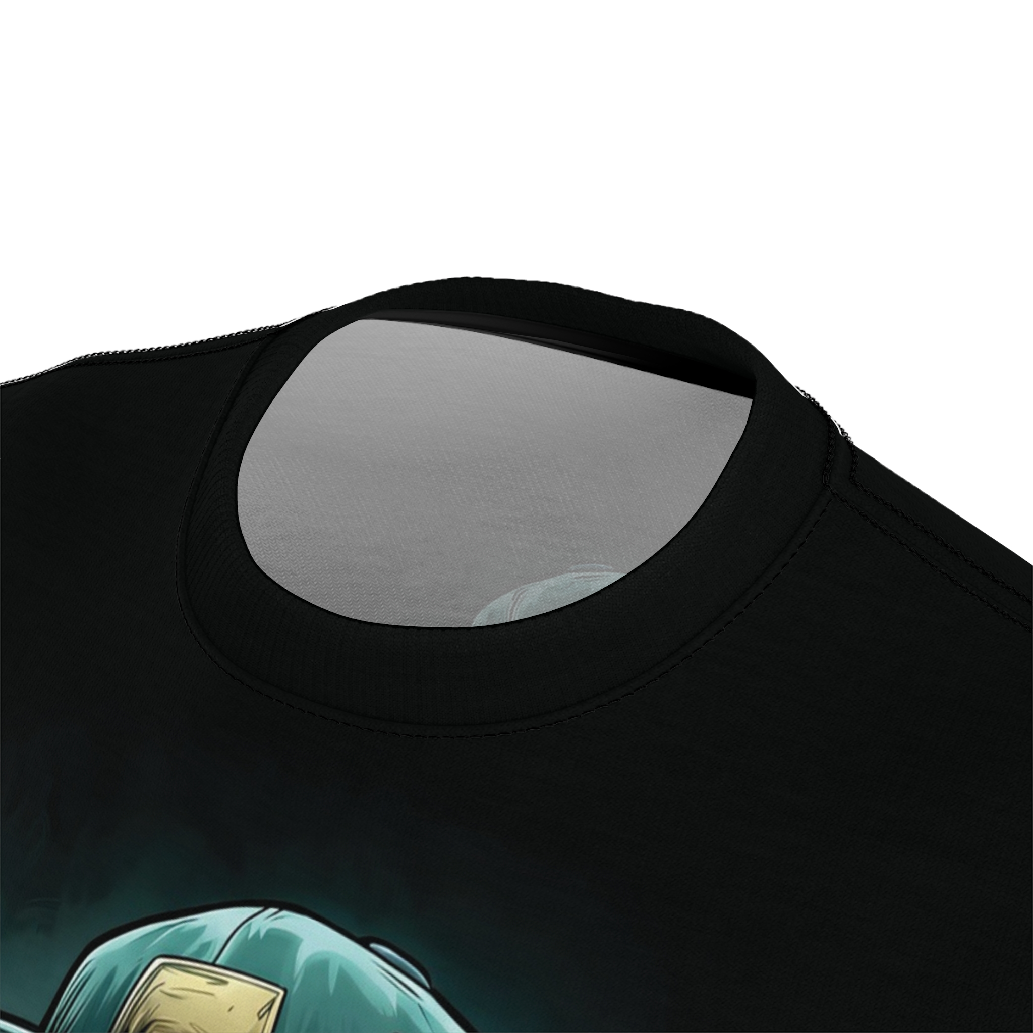 Teal, black, and yellow comic graphics cover this sublimation graphic tee with a street punk vibe.