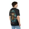 A brown monkey in a blue cap, leather jacket, and ripped jeans, with yellow eyes and a fierce expression, covers this oversized full print tee with a dark, smoky background.