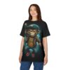 A furious monkey in a baseball cap, leather jacket, and ripped jeans, with yellow eyes and a star symbol, covers this oversized full print tee with a dark, smoky background.