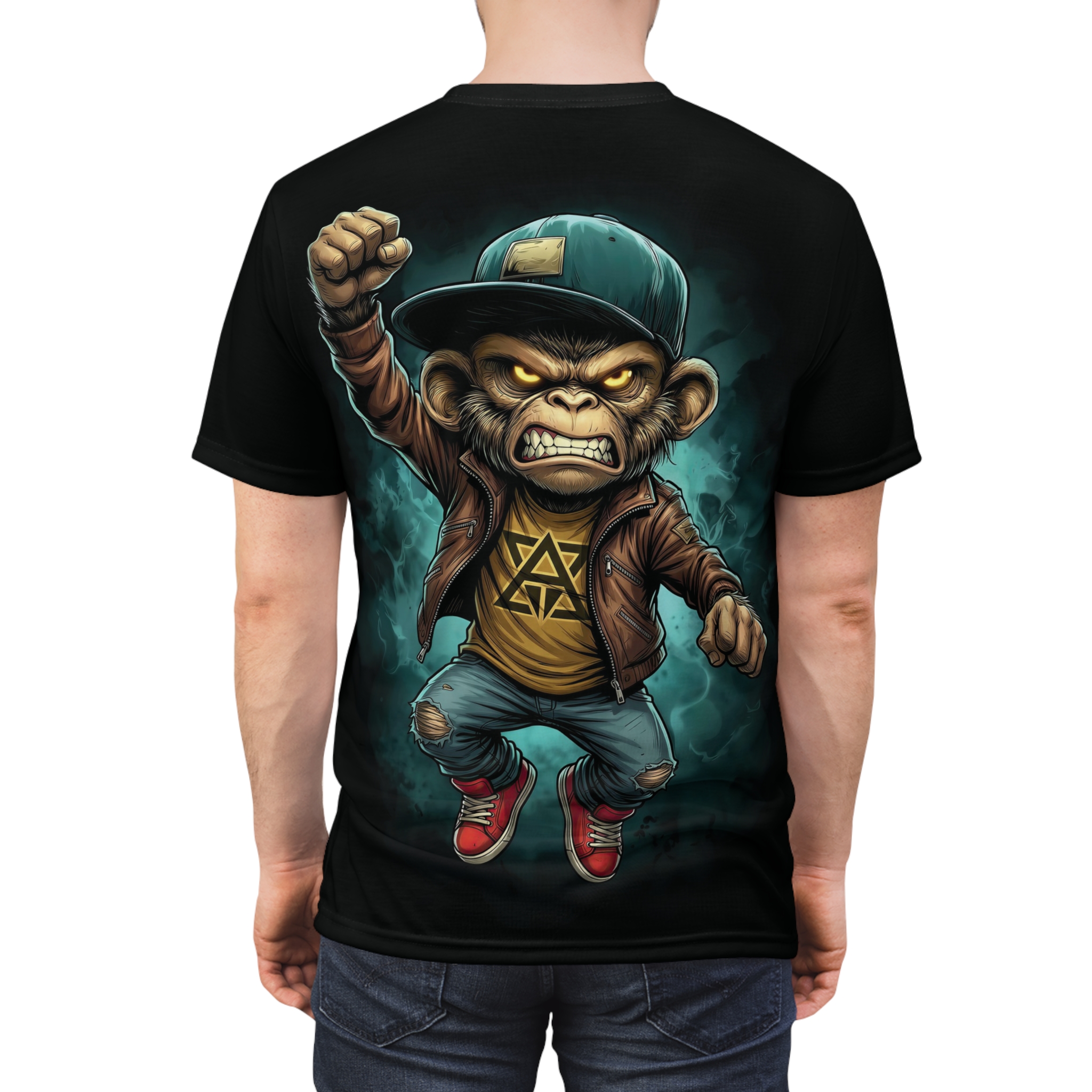 Teal smoke and a fierce monkey in a leather jacket and ripped jeans cover this 3D graphic t-shirt with an all-over print.